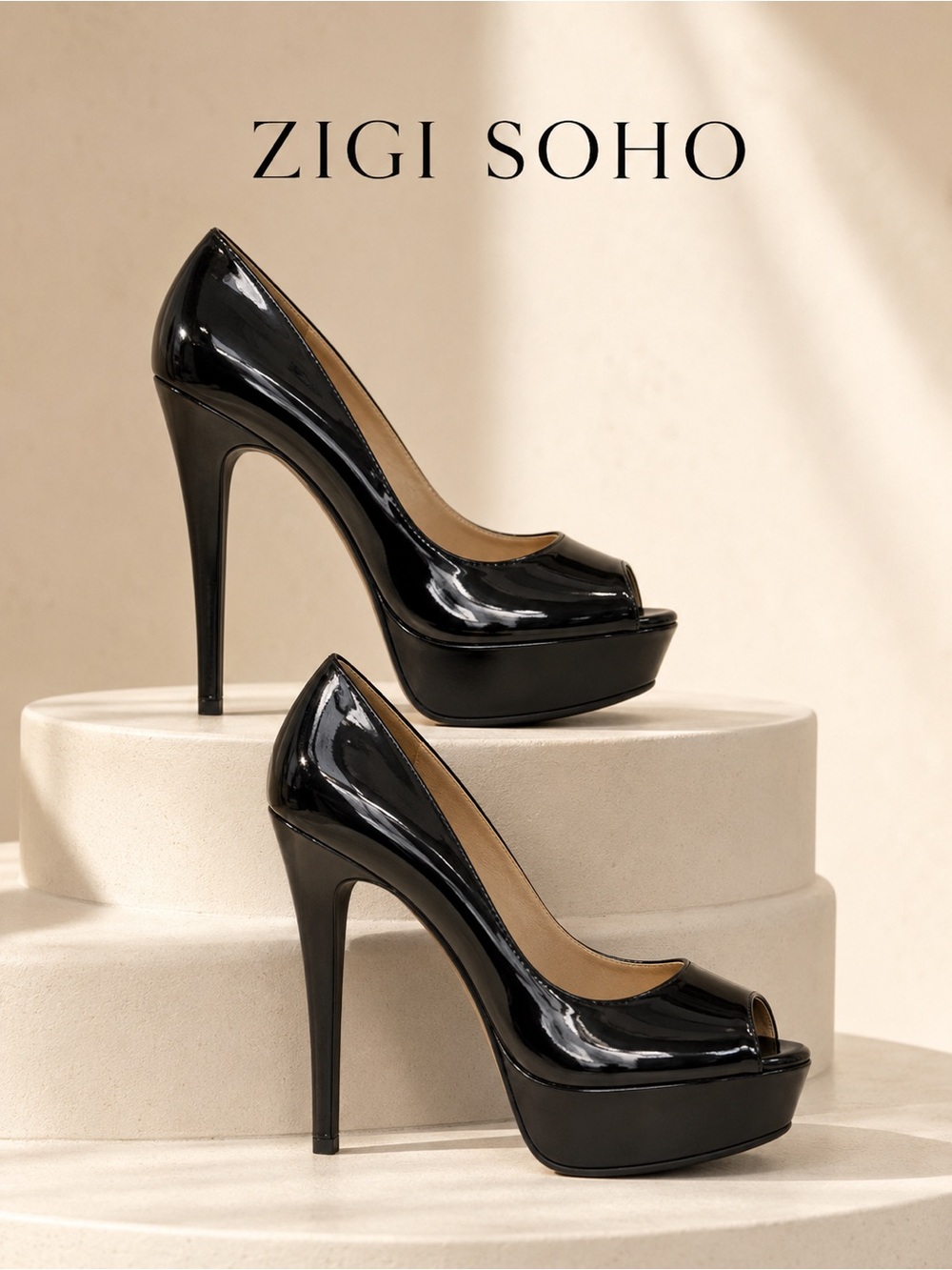 Zigi Soho Black Patent Peep Toe Platform Pumps in excellent condition - Size 10
